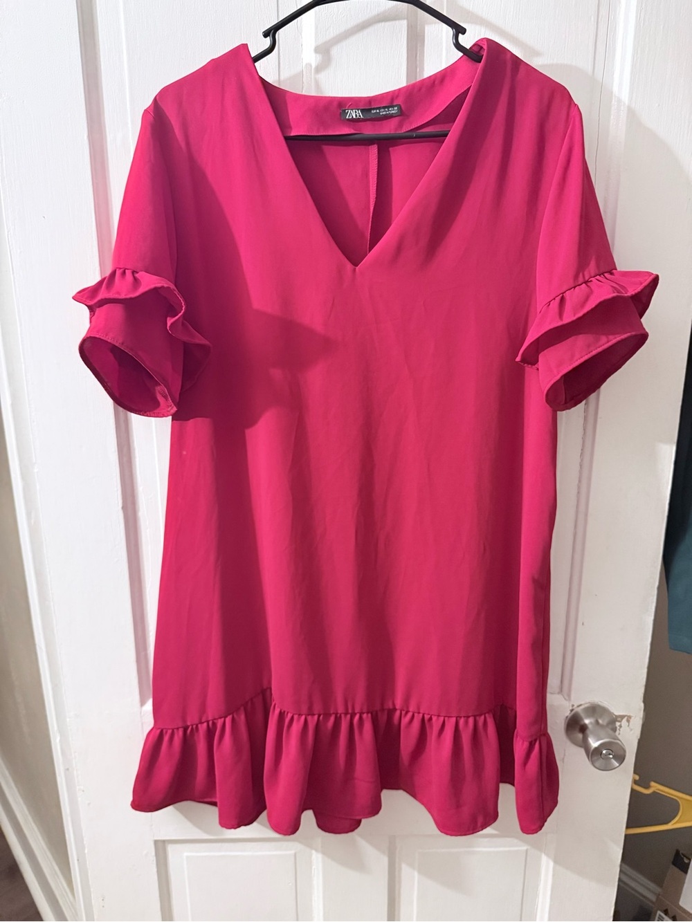 ZARA Hot Pink V-Neck Ruffle Sleeve Tunic Dress